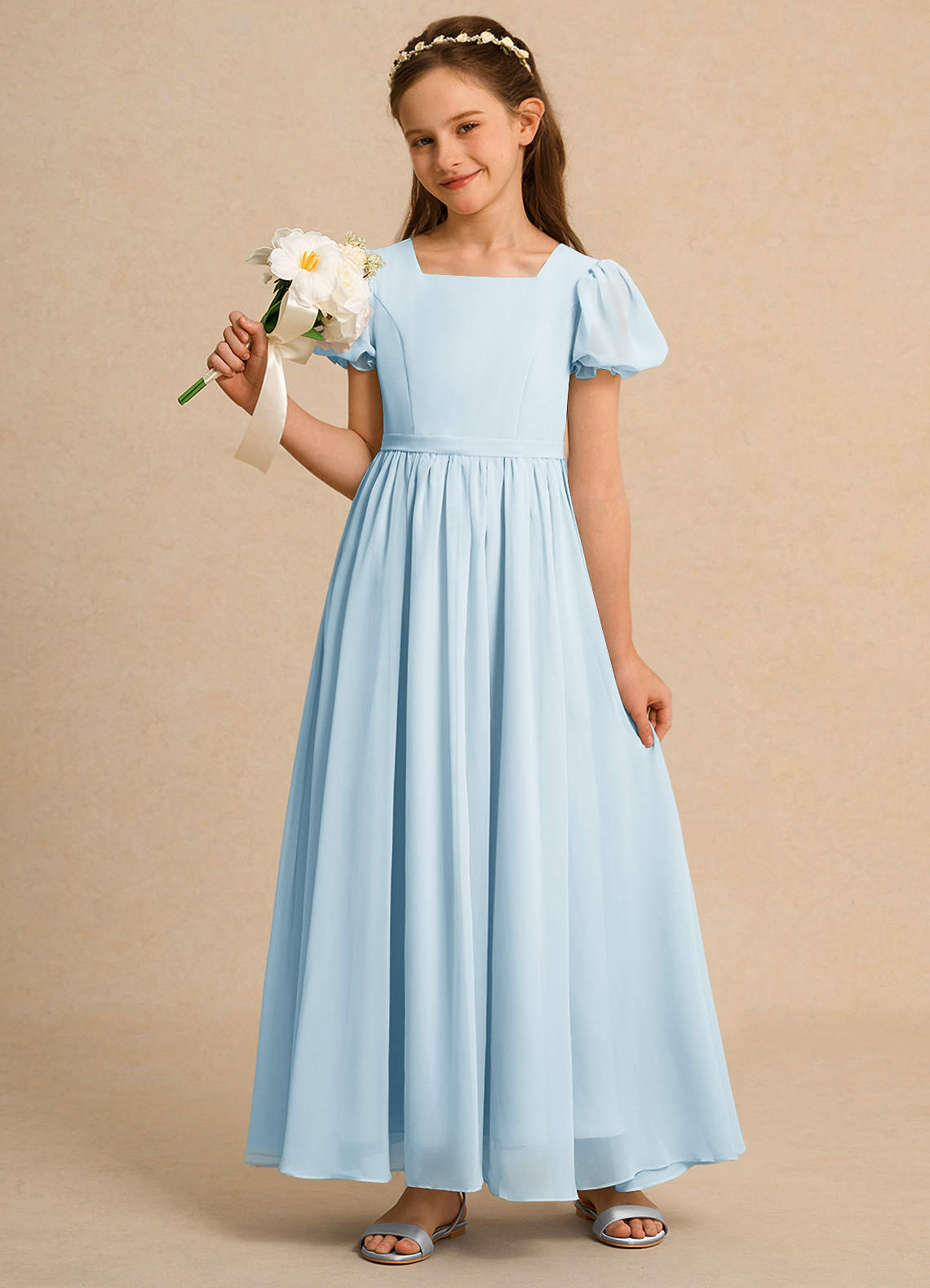 Azazie Lilia Girl Flower Girl Dresses Sky Blue A-Line with Sleeves Chiffon Dress image1