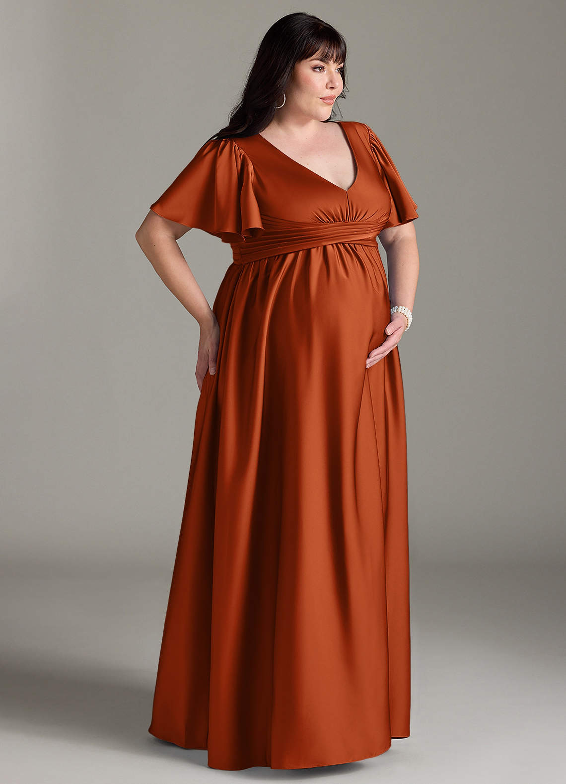 Azazie Verna At-home Try On Dresses A-Line Ruched Stretch Satin Floor-Length Dress image11