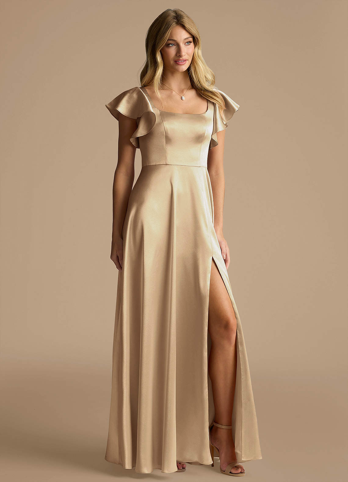 Azazie Bondi Bridesmaid Dresses Champagne A-Line Bow Metallic Satin Dress image1