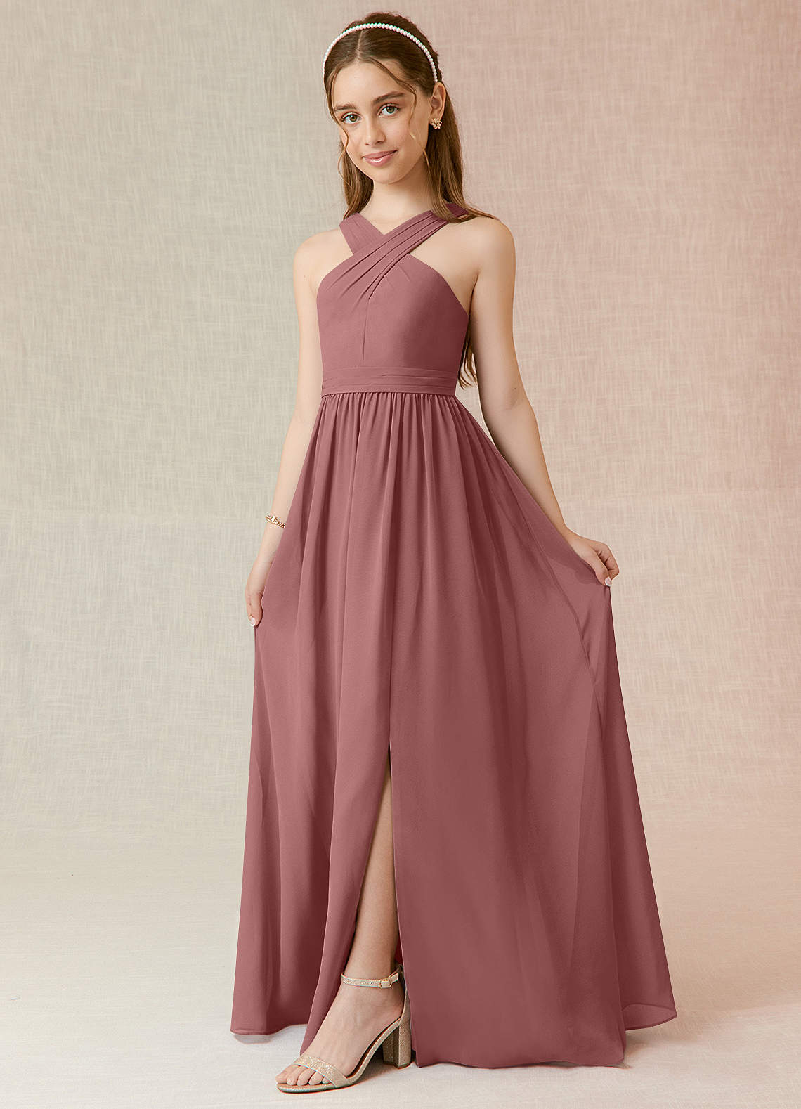 Azazie Jiya Junior A-Linie Plissee Chiffon Kleid Wüstenrose image1