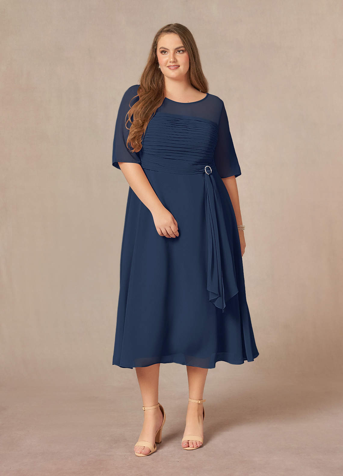 Azazie Naomi Mother of the Bride Dresses Dark Navy A-Line Boatneck Pleated Chiffon Dress image11