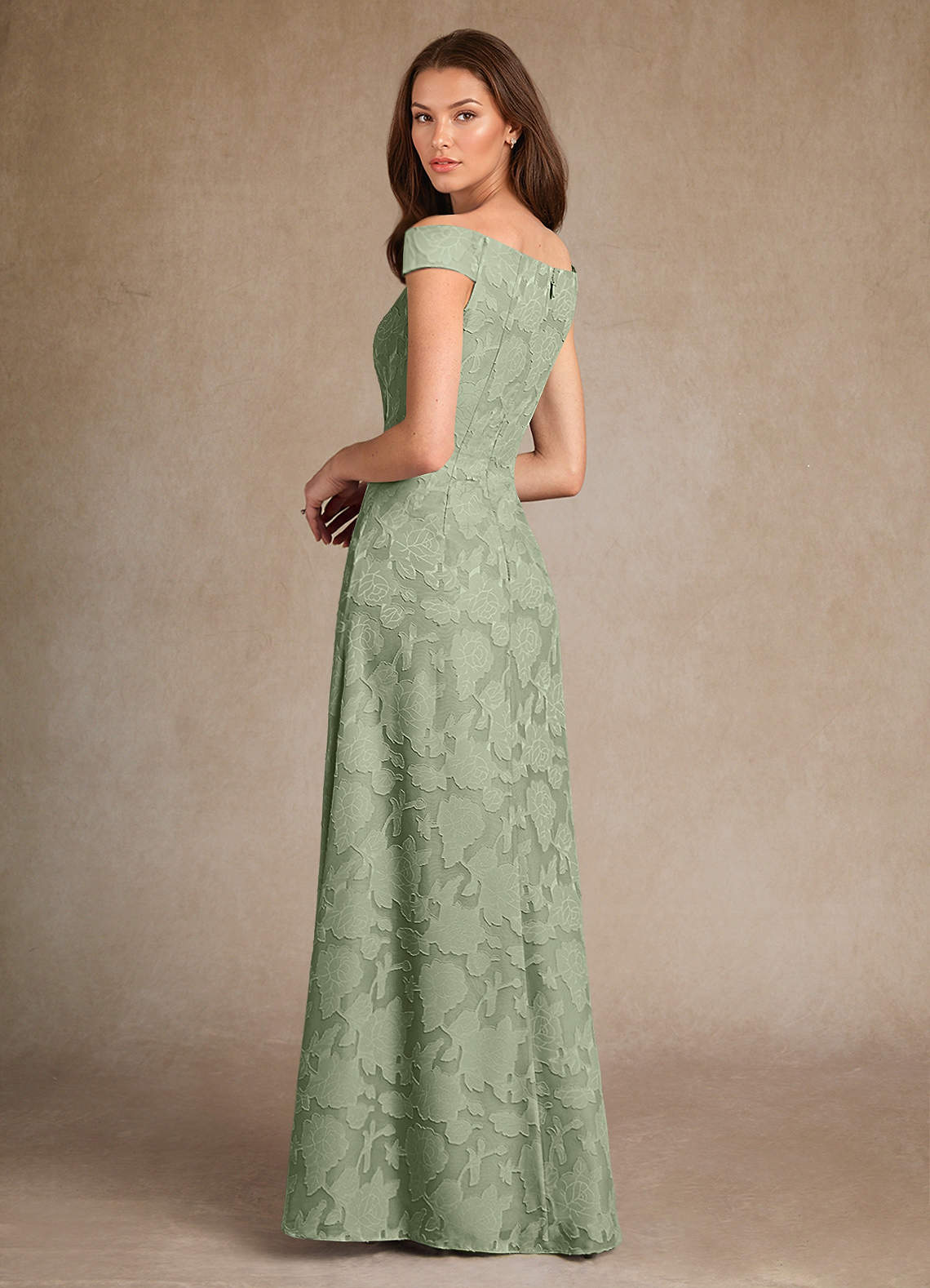 Azazie Moore Mother of the Bride Dresses Dusty Sage A-Line Boatneck Floral Burnout Dress image1