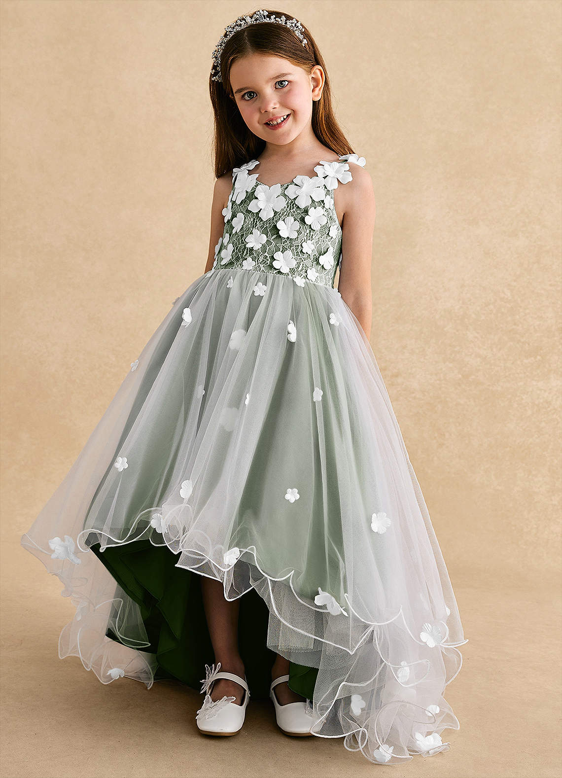 Azazie Celia Flower Girl Dresses Olive A-Line Lace Tulle Dress image5