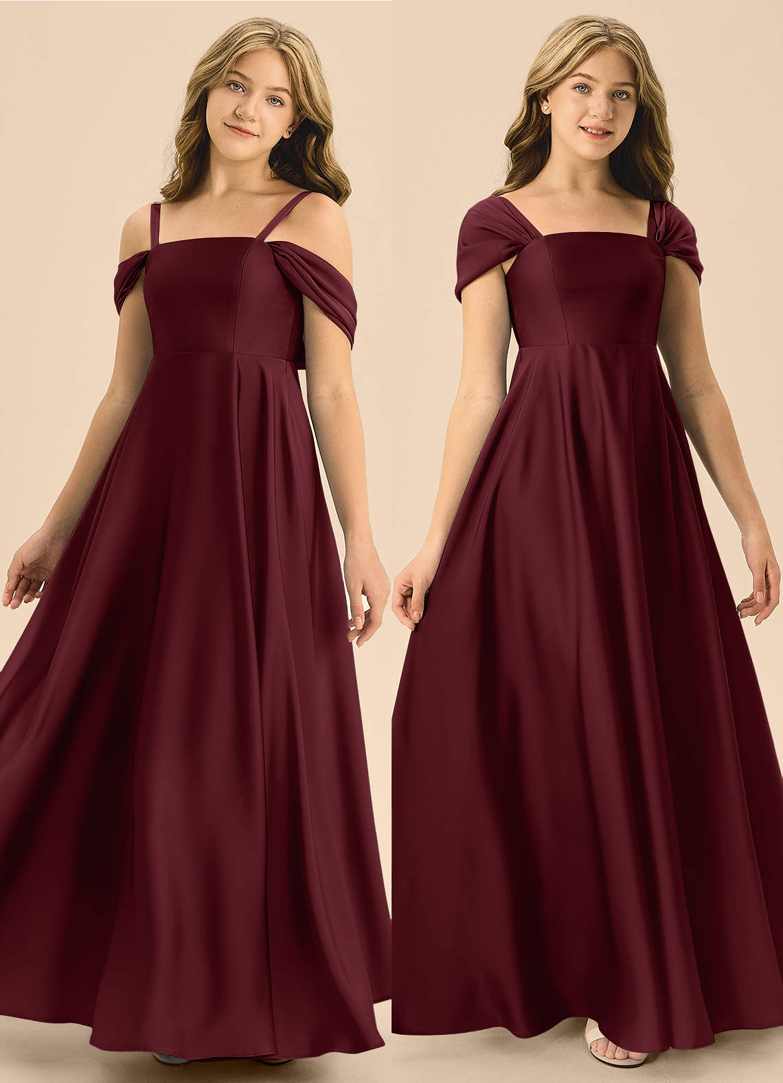 Azazie Rowena Junior Vestido de Cabernet de Satén Elástico de Corte en A con Lazo image1