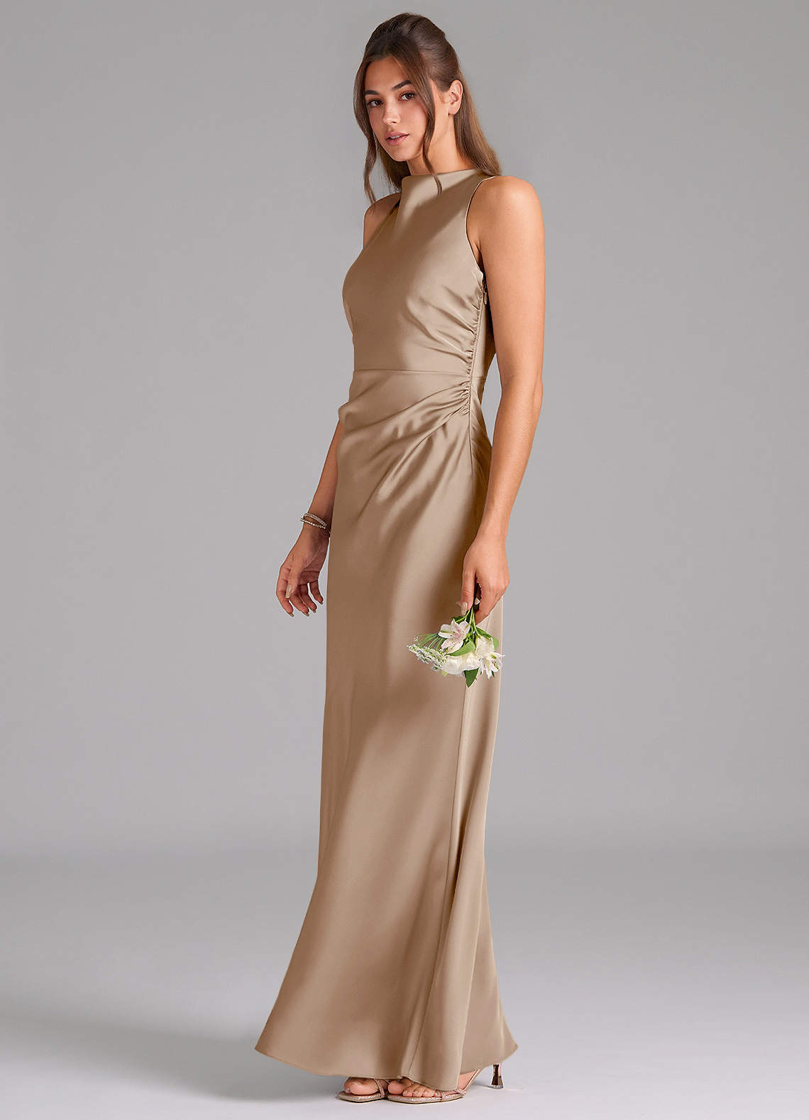 Azazie Evadne Bridesmaid Dresses Taupe A-Line Pleated Stretch Satin Dress image1
