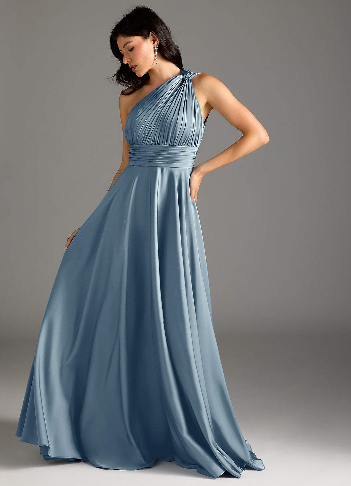 Azazie Charlize Bridesmaid Dresses Dusty Blue A-Line One Shoulder Stretch Satin Dress image4