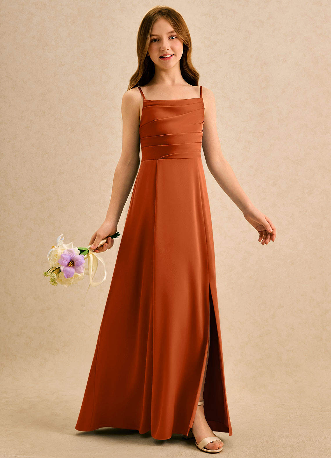 Azazie Chamomile Girls Formal Flower Girl Dresses Burnt Orange A-Line Pleated Stretch Satin Dress image1