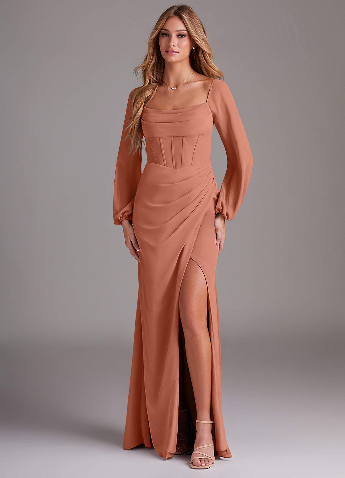 Azazie Charissa Bridesmaid Dresses MAI TAI Sheath Long Sleeve Chiffon Dress image1