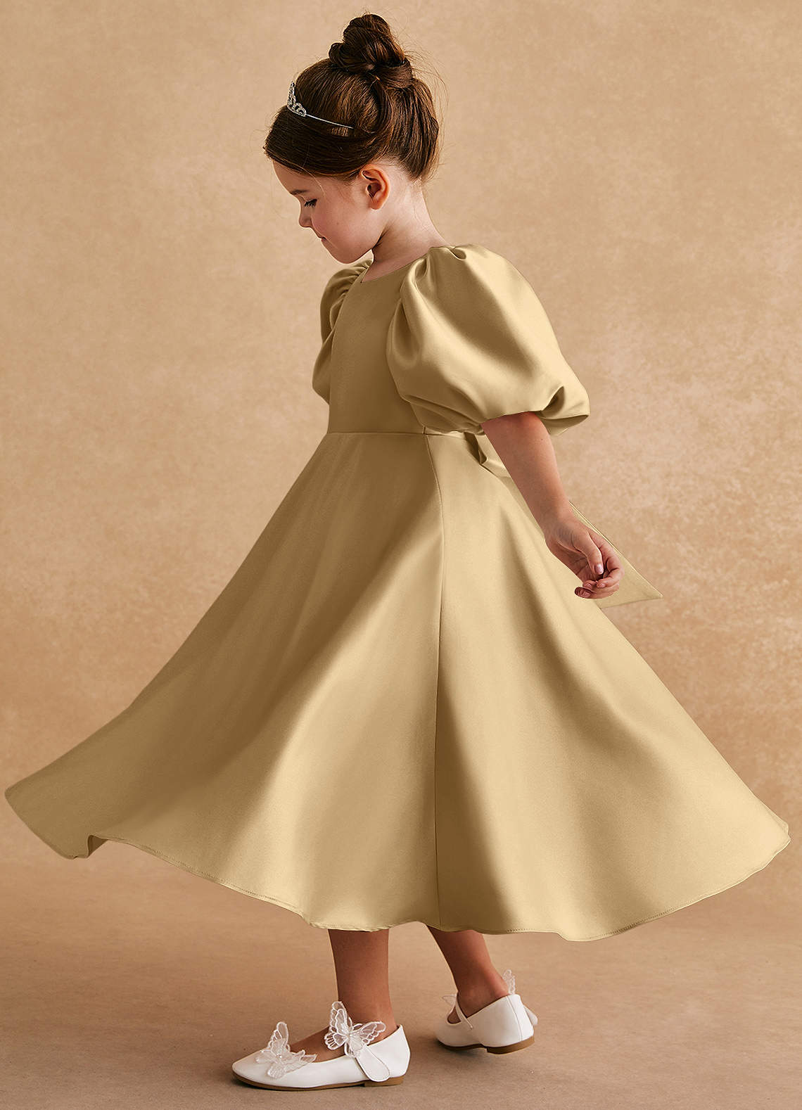 Azazie Sugarplum Flower Girl Dresses Gold A-Line with Sleeves Matte Satin Dress image1