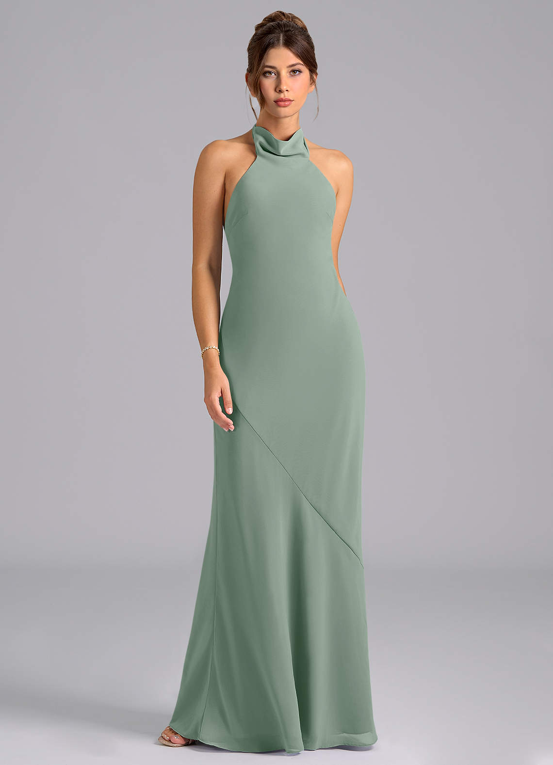 Azazie Velli Vestidos de damas de honor Vestido de Salvia Plateada de Gasa de Corte Sirena con Cuello Alto image5