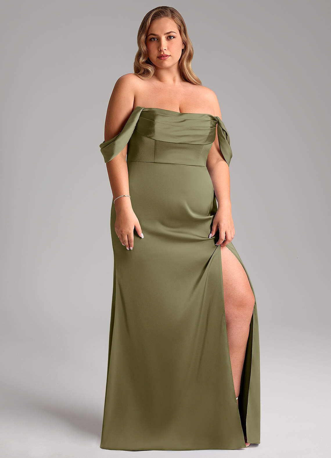 Azazie Saige Bridesmaid Dresses Pistachio Sheath Off the Shoulder Stretch Satin Dress image12
