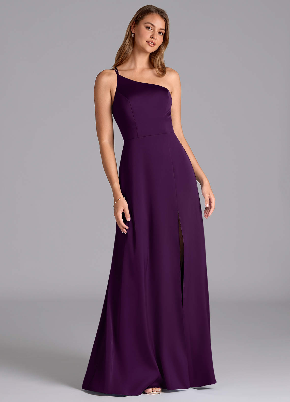 Azazie Trina Jurken voor bruidsmeisjes Jurk van Stretch Satijn met A-Lijn One-Shoulder Druif image1