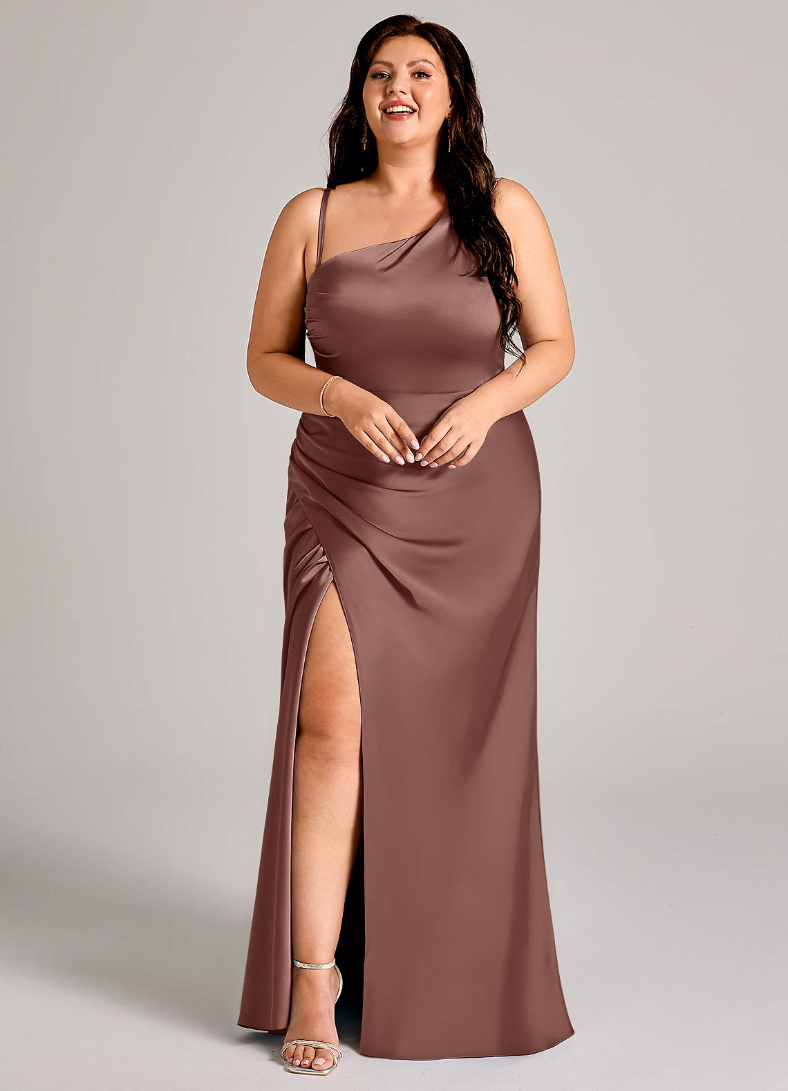 Azazie Madelyn Bridesmaid Dresses Espresso Mermaid One Shoulder Stretch Satin Convertible Dress image14