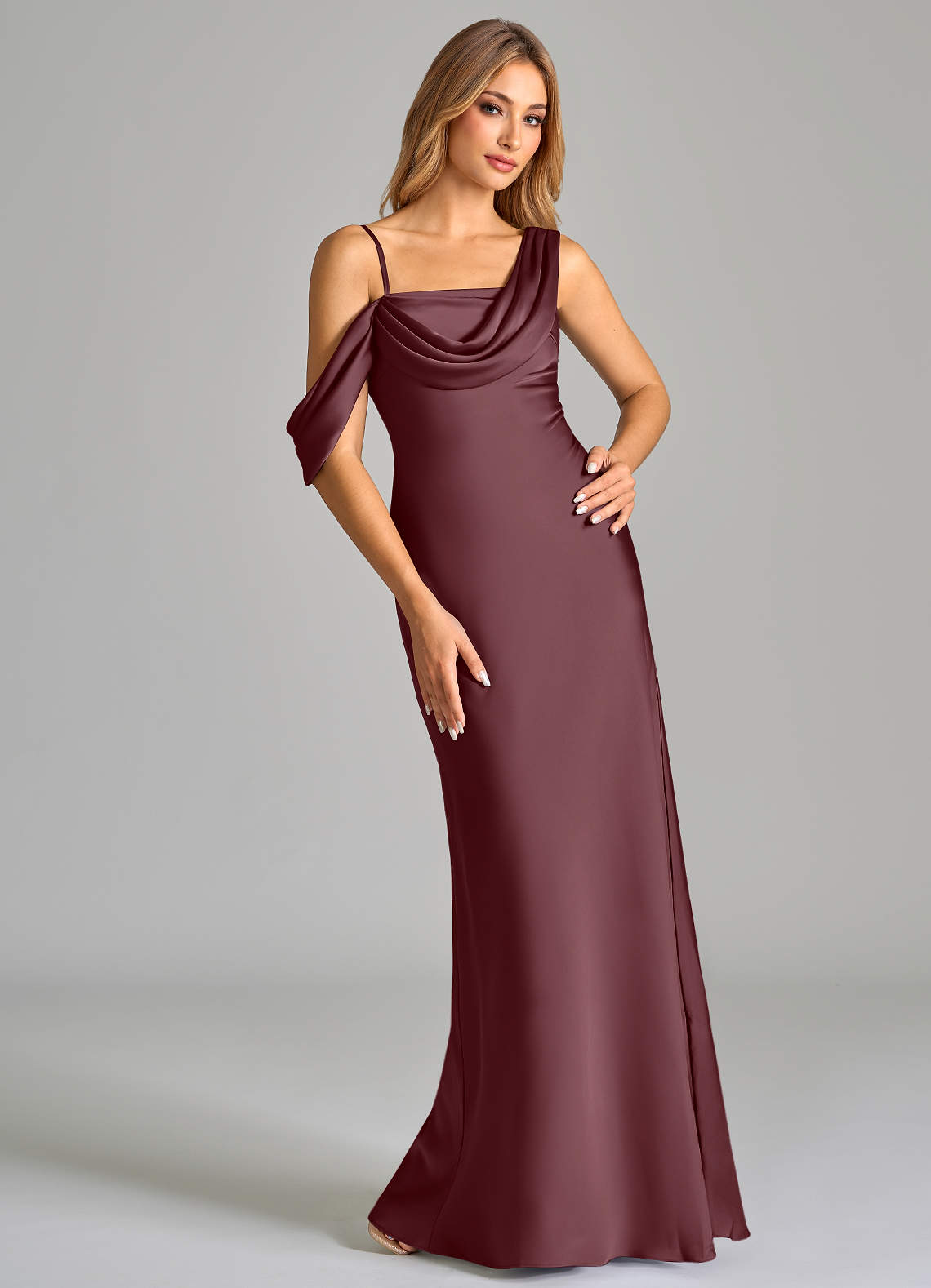 Azazie Celina Bridesmaid Dresses Sangria Sheath Off the Shoulder Stretch Satin Dress image1