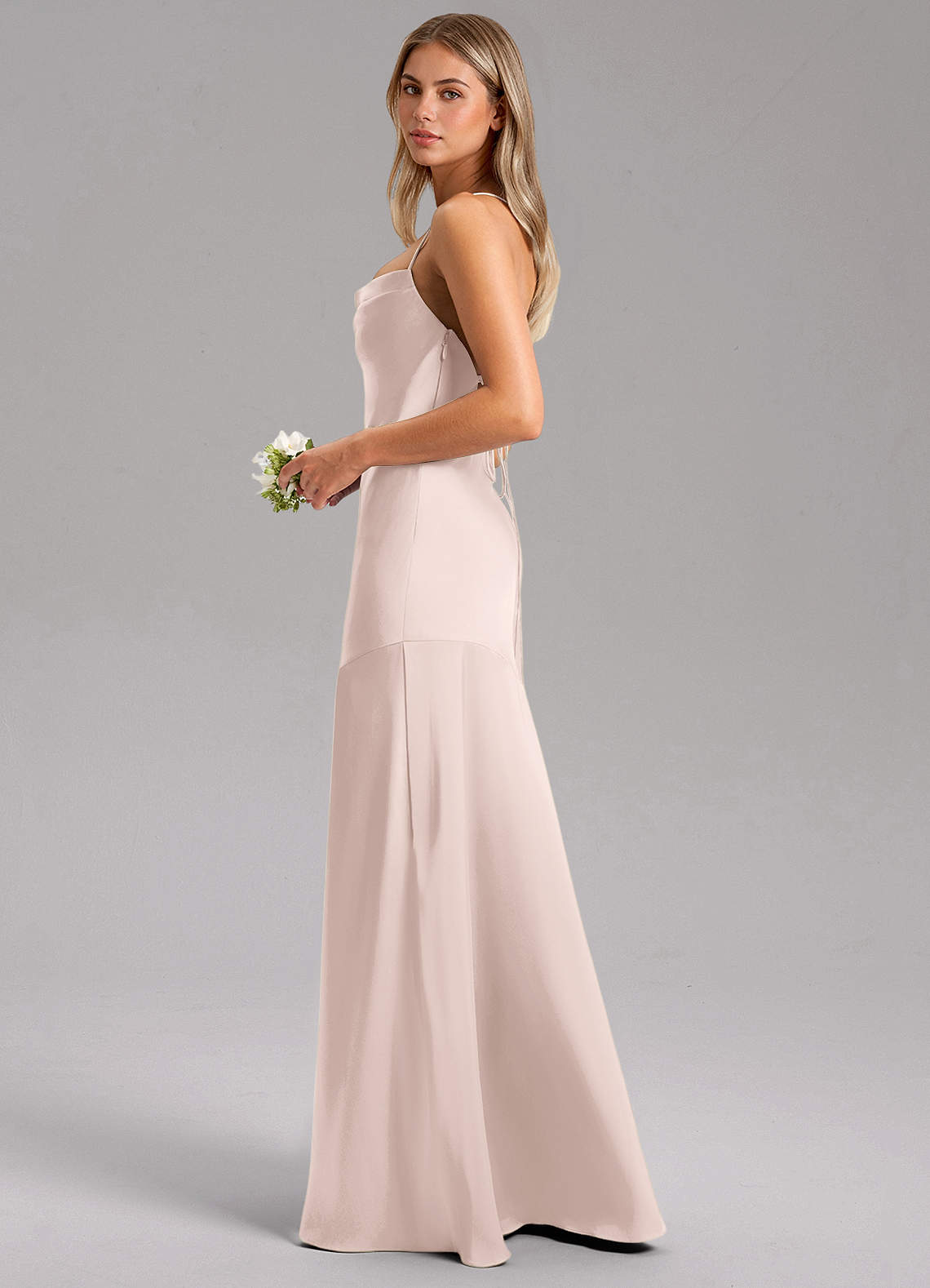 pink and gray bridesmaid dresses Long A-line Peach Bridesmaid Dress with Lace Appliques – FancyVestido main image 0