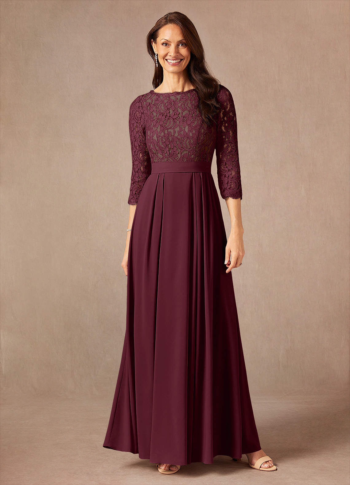 Azazie Lucianna Mother of the Bride Dresses Cabernet Taupe A-Line Lace Dress image1