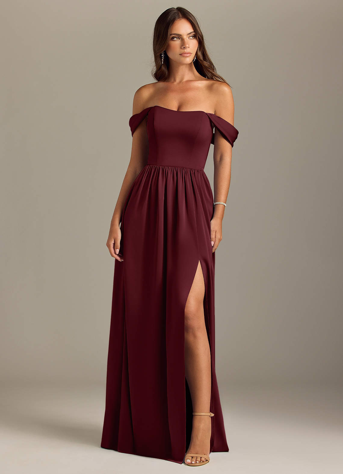Azazie Calianna Bridesmaid Dresses Cabernet A-Line Off the Shoulder Stretch Satin Convertible Dress image1