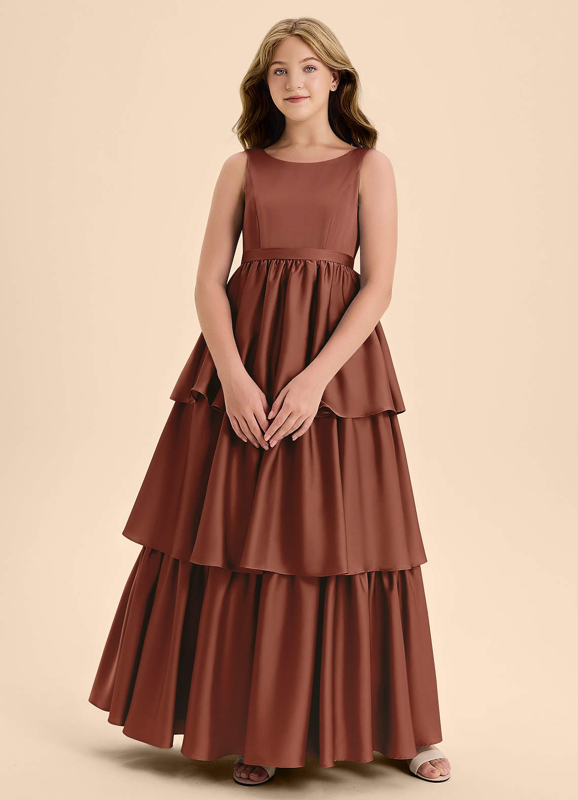 Azazie Meadowyn Junior Auburn A-Line Bow Stretch Satin Dress image1