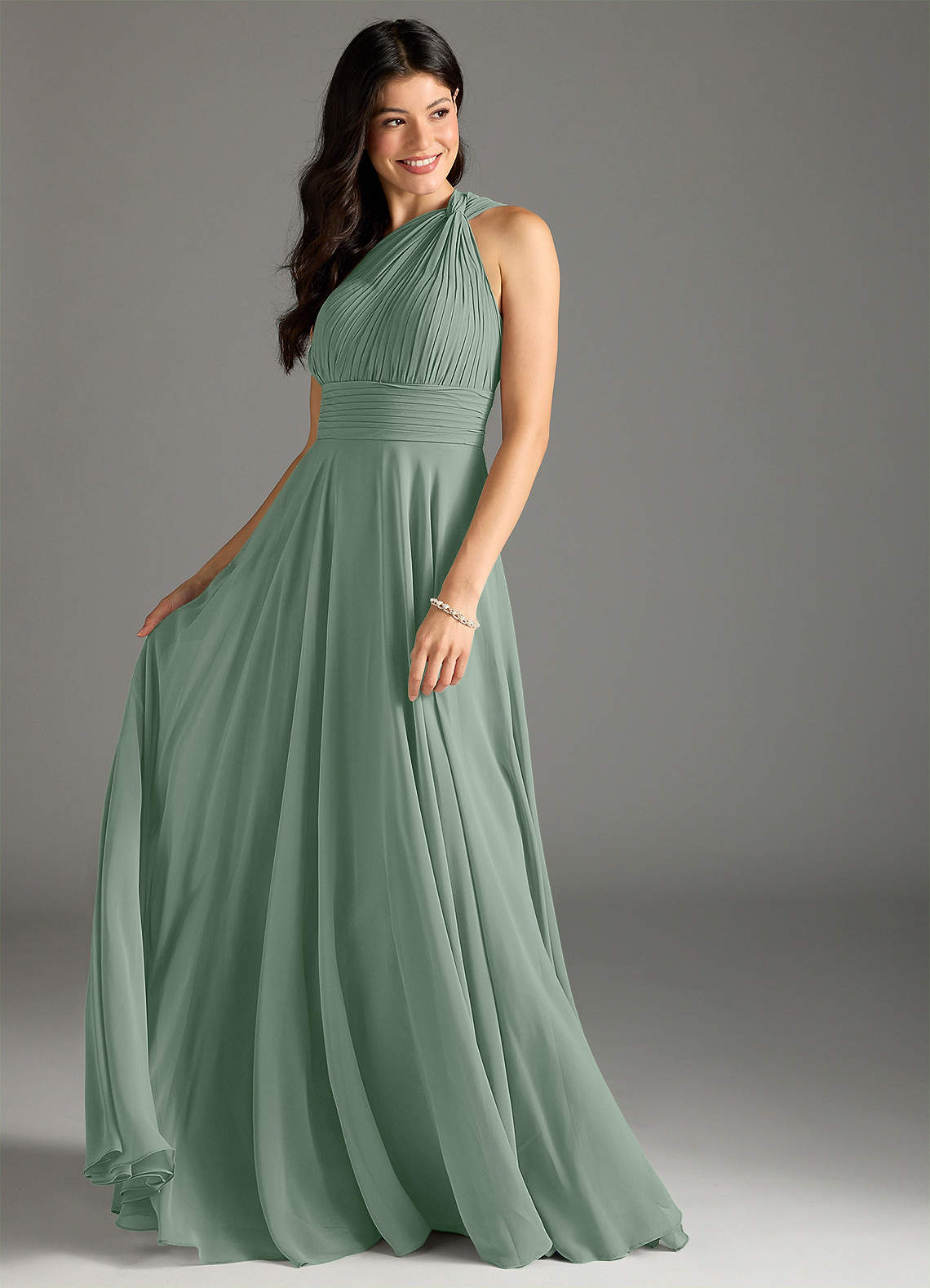 Azazie Charlize Robes de demoiselle d'honneur Robe Trapèze en Mousseline de soie Une épaule Sauge D'argent image2