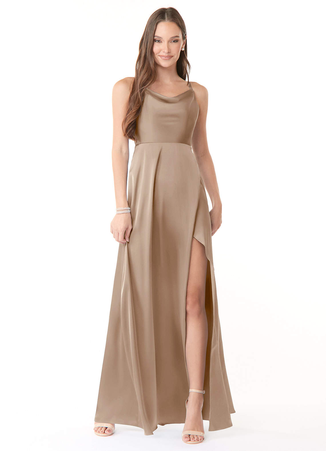 Azazie Naomie Bridesmaid Dresses Taupe A-Line Cowl Neckline Side Slit Stretch Satin Dress image1