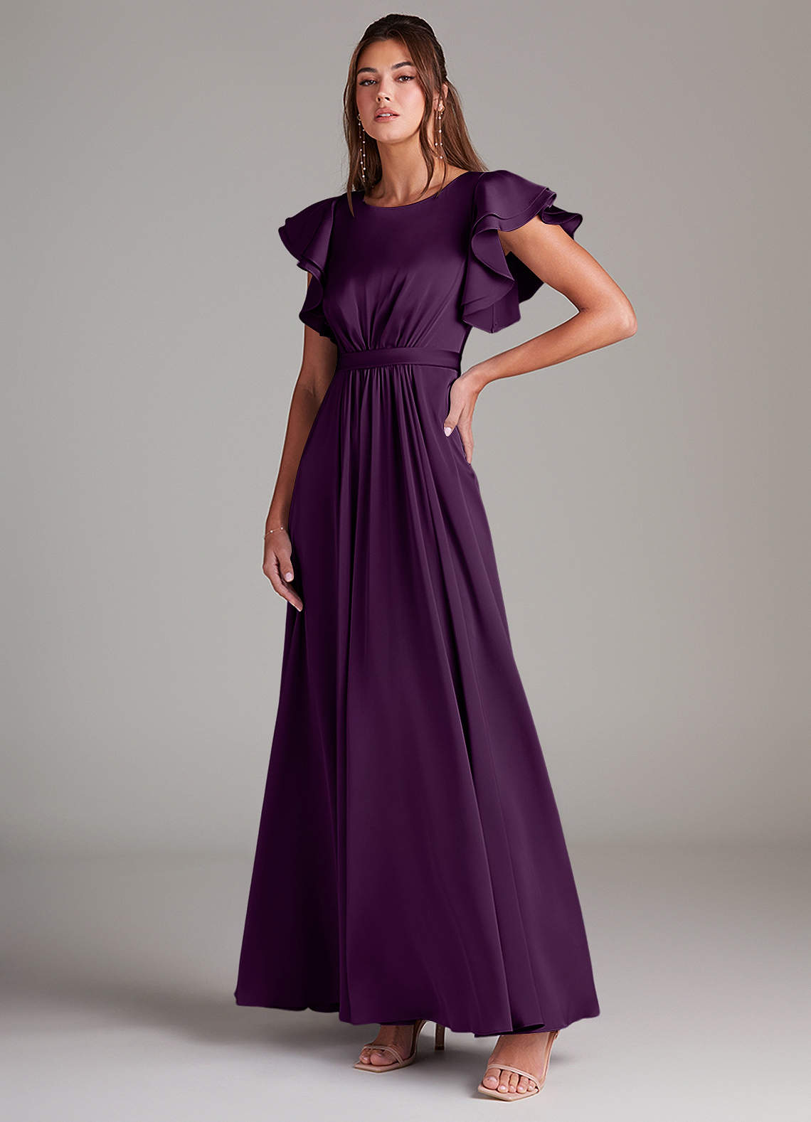 Azazie Daphne vestidos de dama de honor modestos Vestido de Corte en A Volante Hasta el suelo Satén Elástico image3