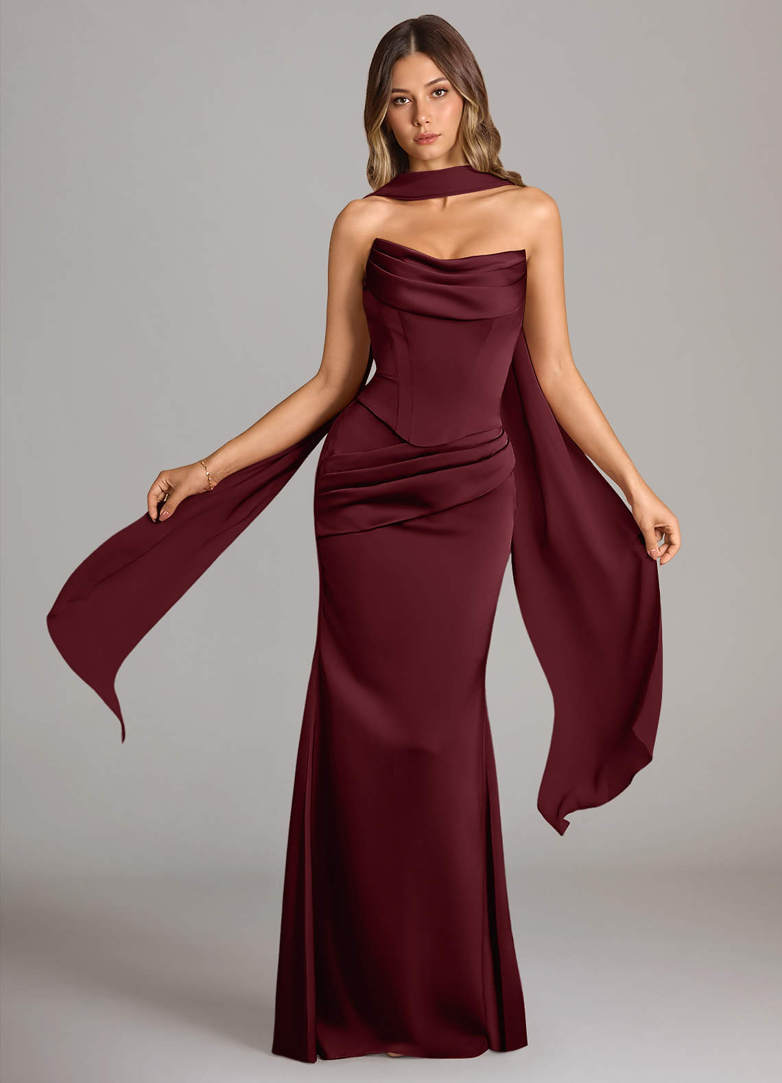 Azazie Sorrel Bridesmaid Dresses Cabernet Mermaid Strapless Stretch Satin Convertible Dress image1