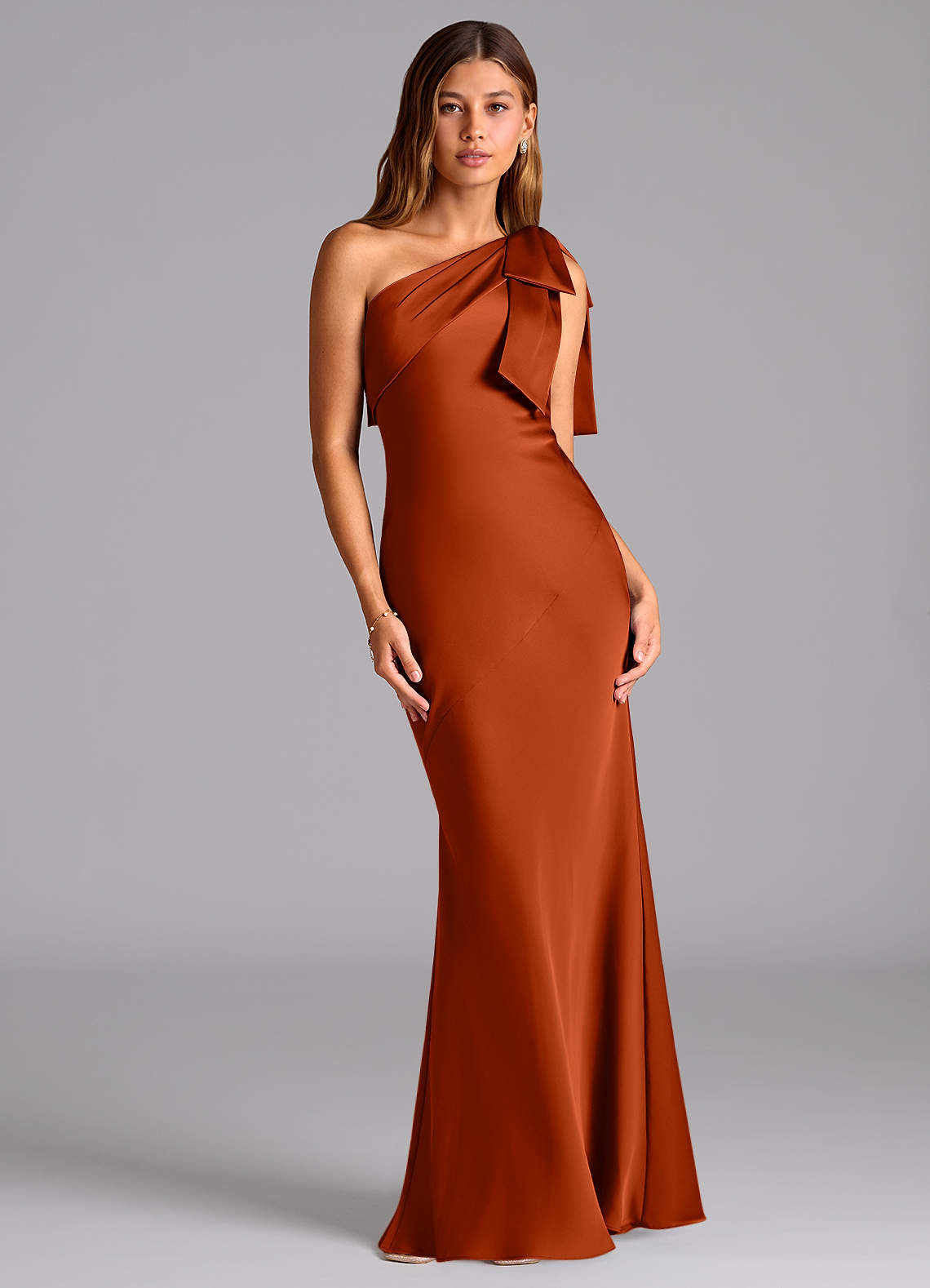 Azazie Yuanna Bridesmaid Dresses Paprika Mermaid One Shoulder Stretch Satin Dress image1