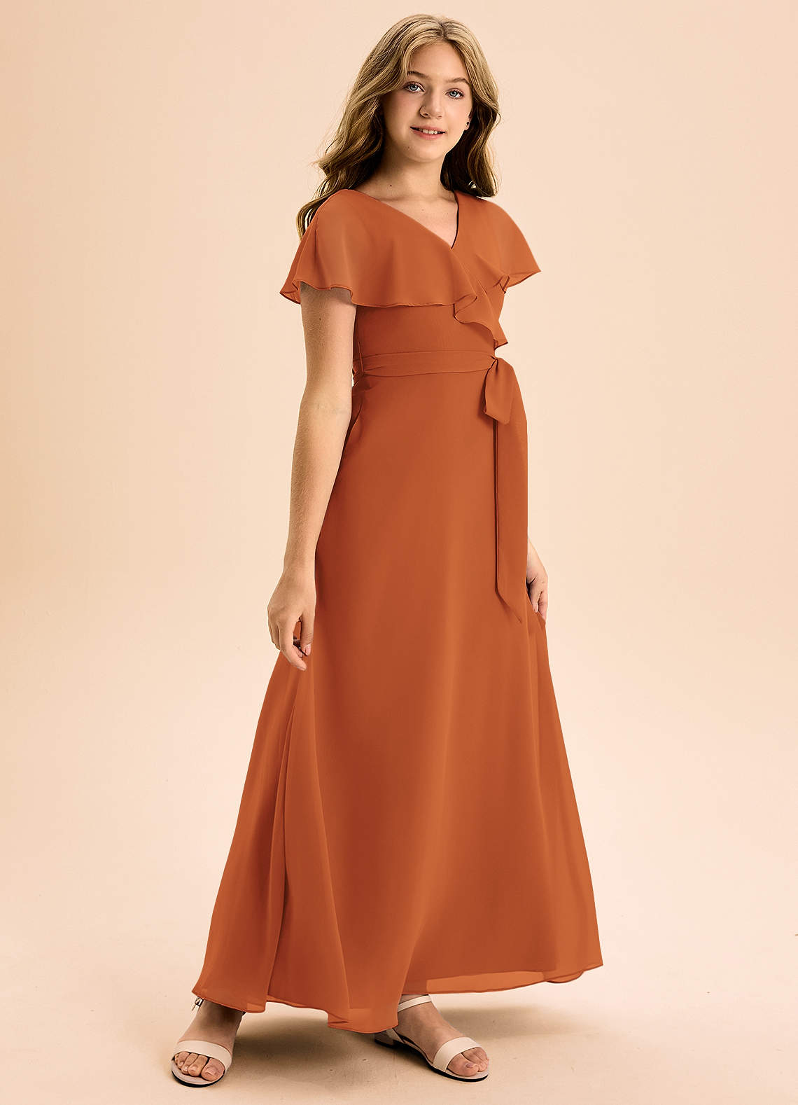 Azazie Lainey Junior Cinnamon A-Line with Pockets Chiffon Dress image1