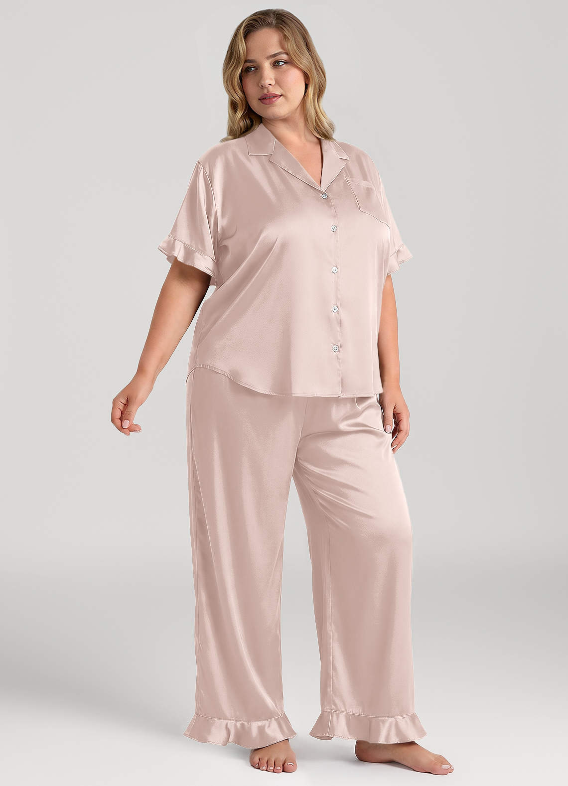 front Matching Color Ruffled Short Sleeve Long Pants Pajama Set