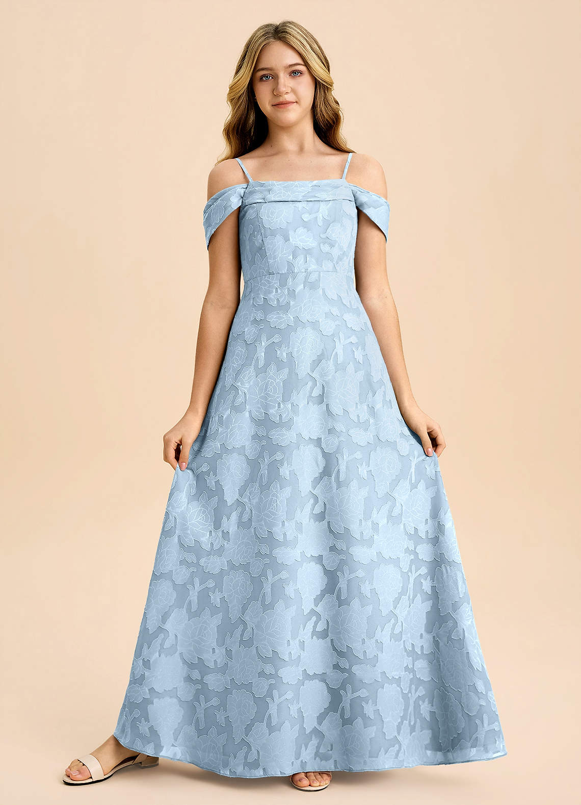 Azazie Anselie Junior Sky Blue A-Line Off the Shoulder Floral Burnout Dress image4