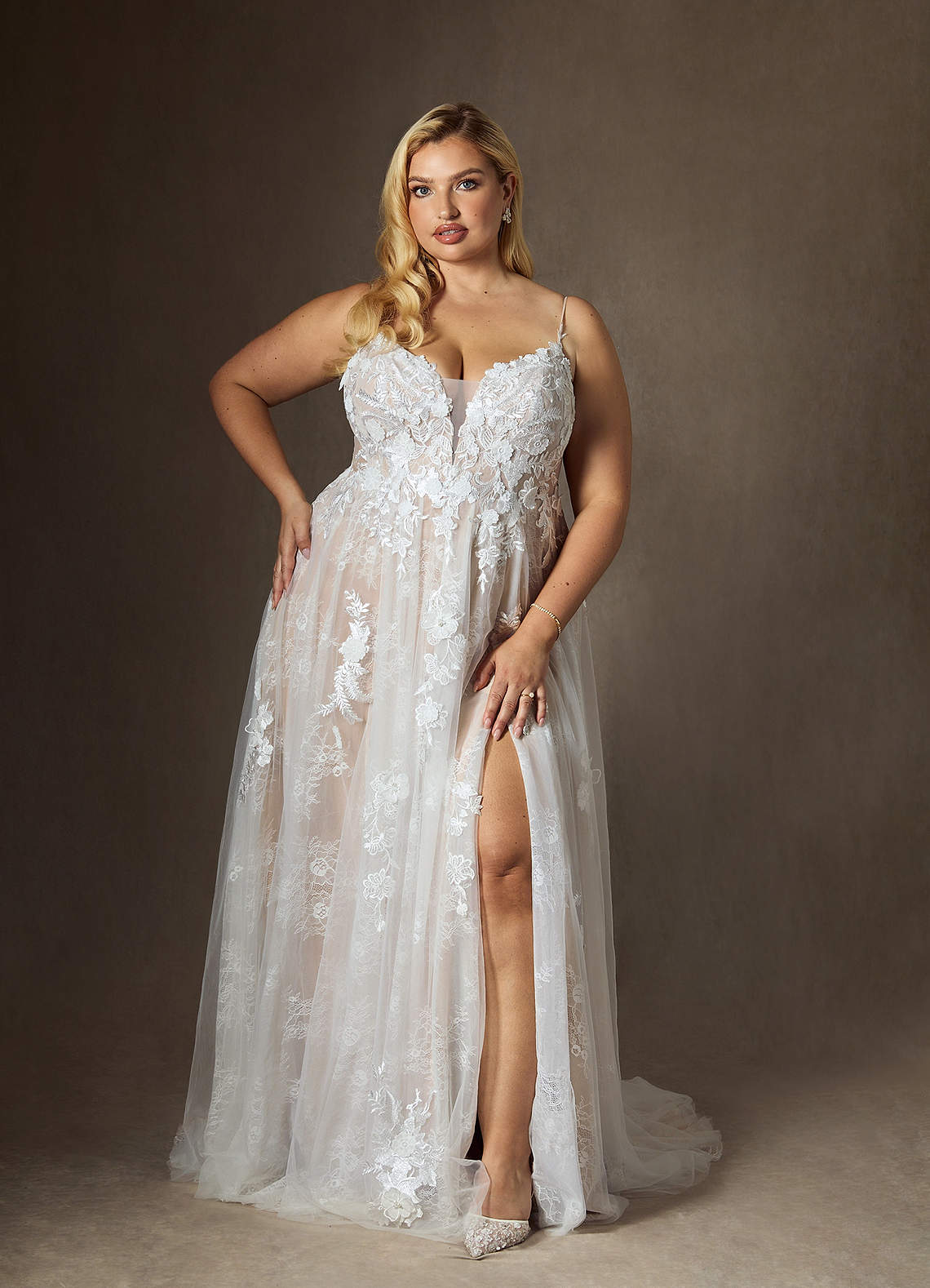 Azazie Monda Wedding Dresses Diamond White Nude A-Line Lace Tulle Dress image1
