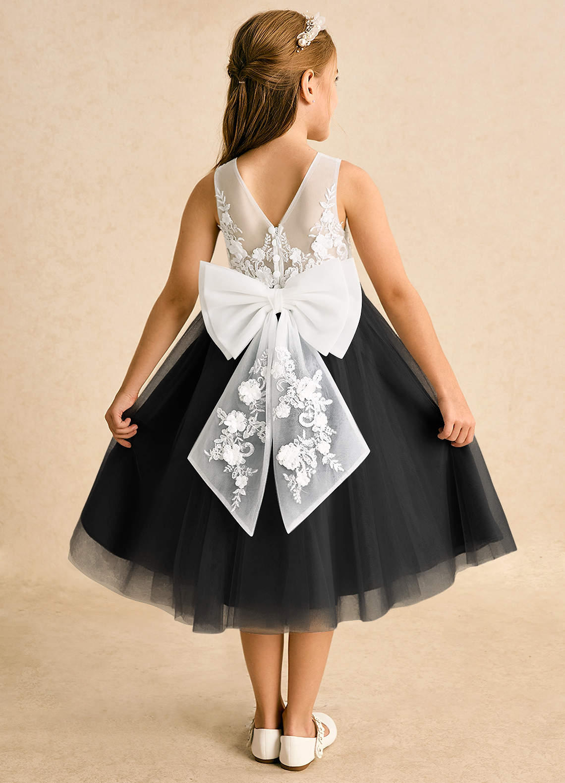 Azazie Lina Flower Girl Dresses Ivory Black Ball-Gown Lace Dress image1
