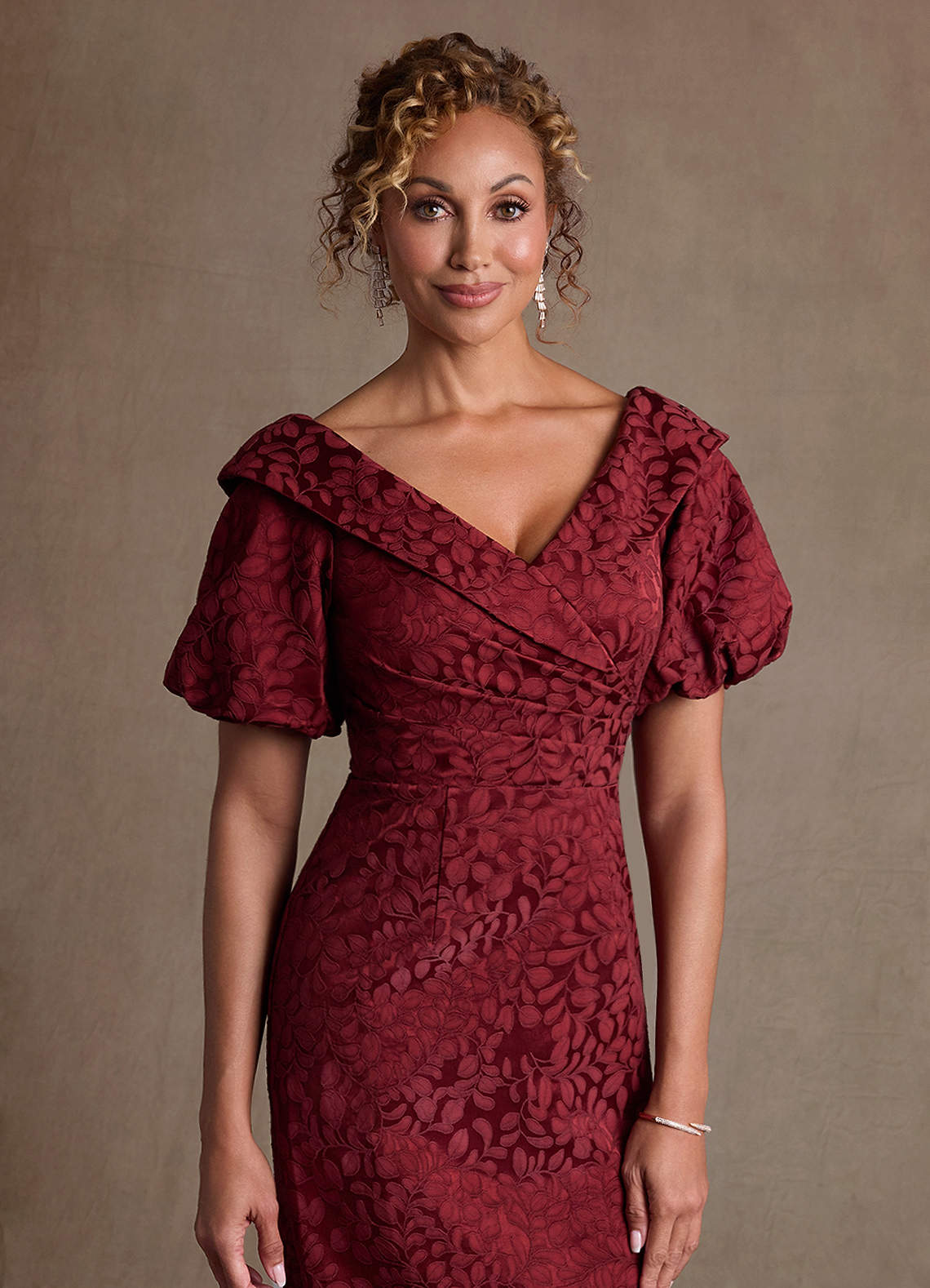 Azazie Amala Cabernet Franc Column Pleated Floral Jacquard Dress