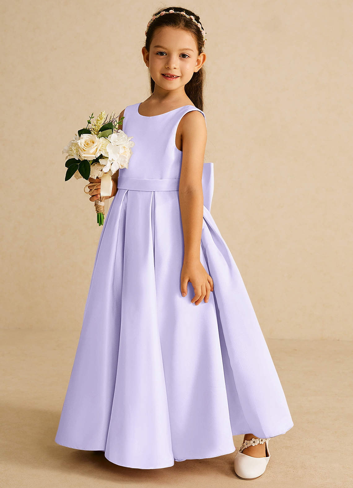 Azazie Pipsy Flower Girl Dresses Lilac A-Line Bow Matte Satin Dress image1