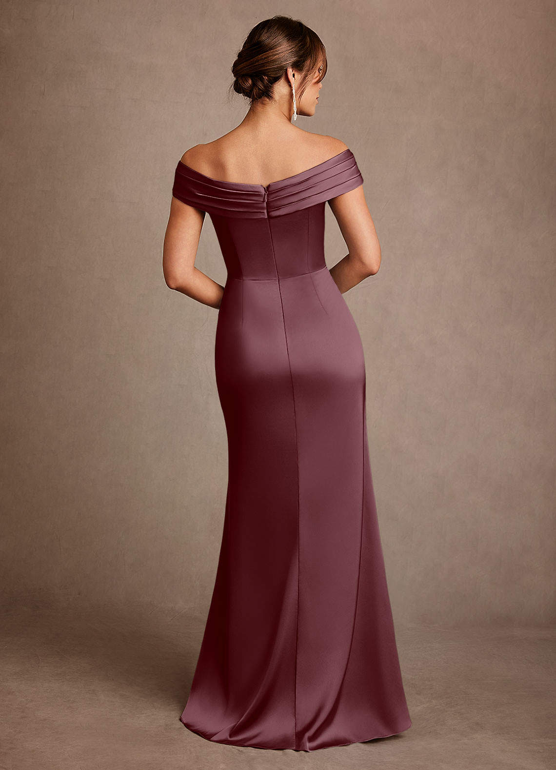 Azazie Bedford Mother of the Bride Dresses Sangria Sheath Pleated Stretch Satin Dress image2
