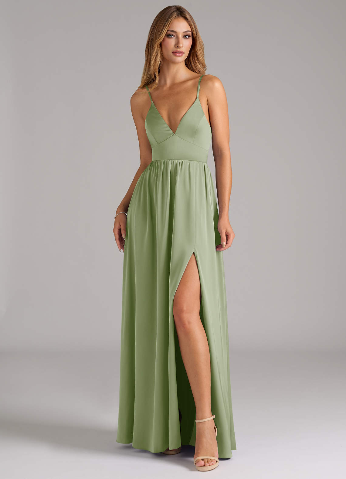 Azazie Aaida Robes de demoiselle d'honneur Robe Trapèze en Satin extensible Corset Vert Sauge image3