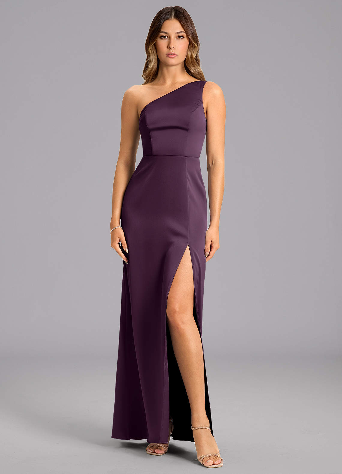 Azazie Phaedra Bridesmaid Dresses Plum A-Line One Shoulder Stretch Satin Dress image1