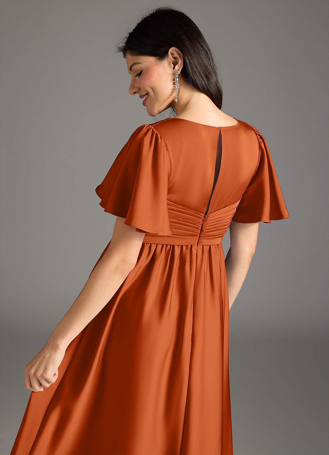 Azazie Verna At-home Try On Dresses A-Line Ruched Stretch Satin Floor-Length Dress image7