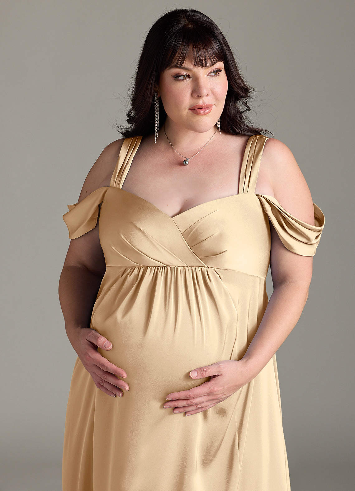 Azazie Rhea Maternity Bridesmaid Dresses A-Line Off-The-Shouler Pleated Stretch Satin Floor-Length Dress image11