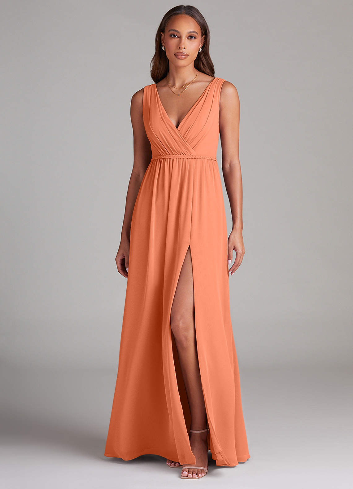 sunset bridesmaid dresses BABARONI BABARONI Chiffon V-neck Floor-length Spaghetti Straps Ruched Empire, Sunset / US18 this sheath/column bridesmaid dress exudes elegance 24 Bridesmaid Dresses In Sunset-Inspired