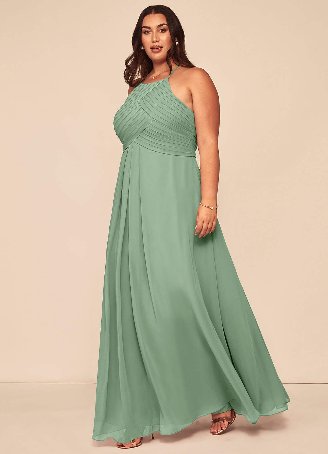 Azazie Ginger Bridesmaid Dresses Matcha A-Line Halter Pleated Chiffon Dress image1