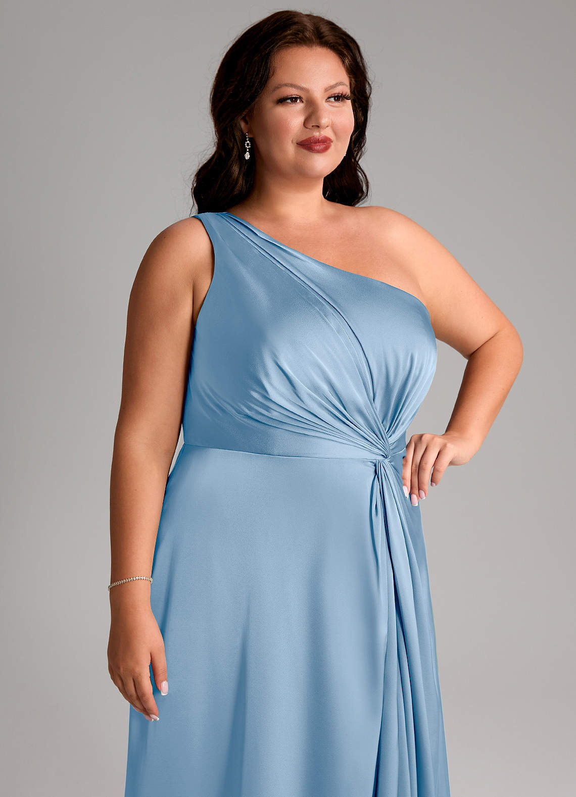 Azazie Brooke Bridesmaid Dresses Powder Blue A-Line One Shoulder Stretch Satin Dress image13