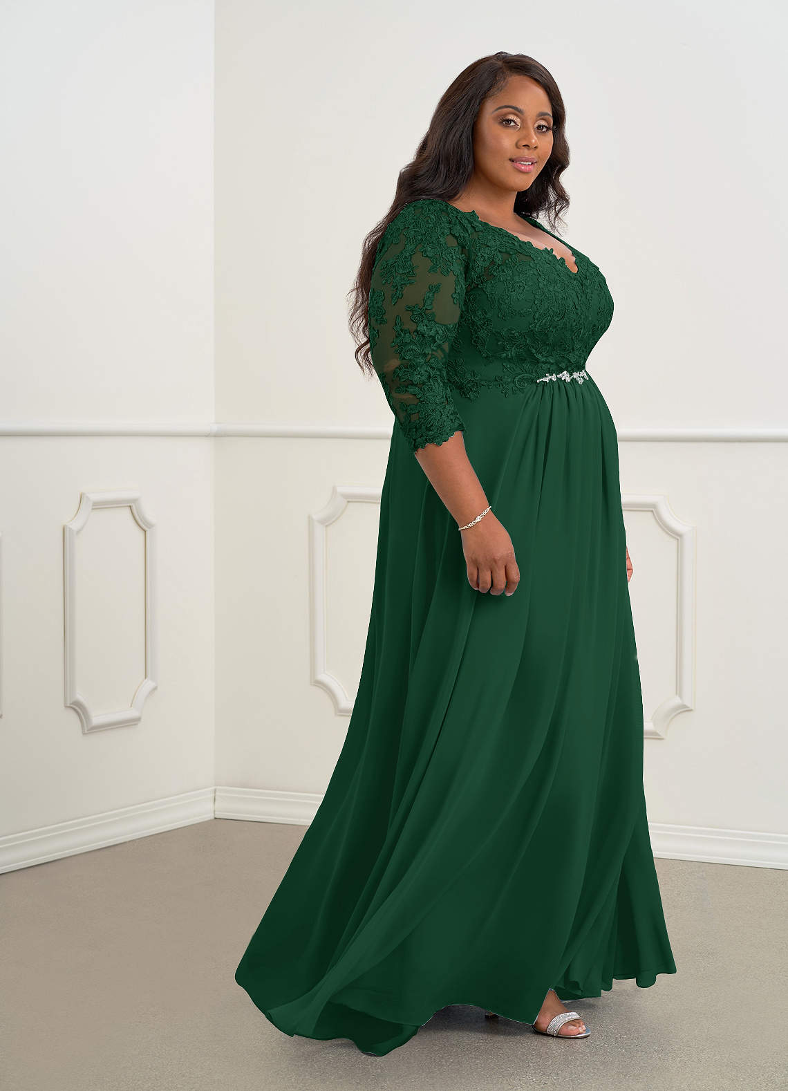 Azazie Hayek Mother of the Bride Dresses Dark Green A-Line V-Neck Lace Chiffon Dress image7