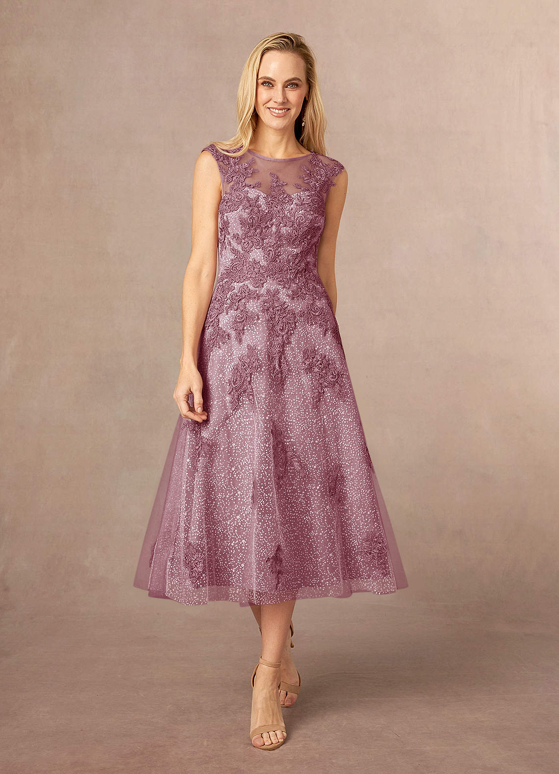 Azazie Flynn vestidos de madre de la novia Vestido de Malva Vintage de Tul de Corte En A con Cuello barco encaje image1