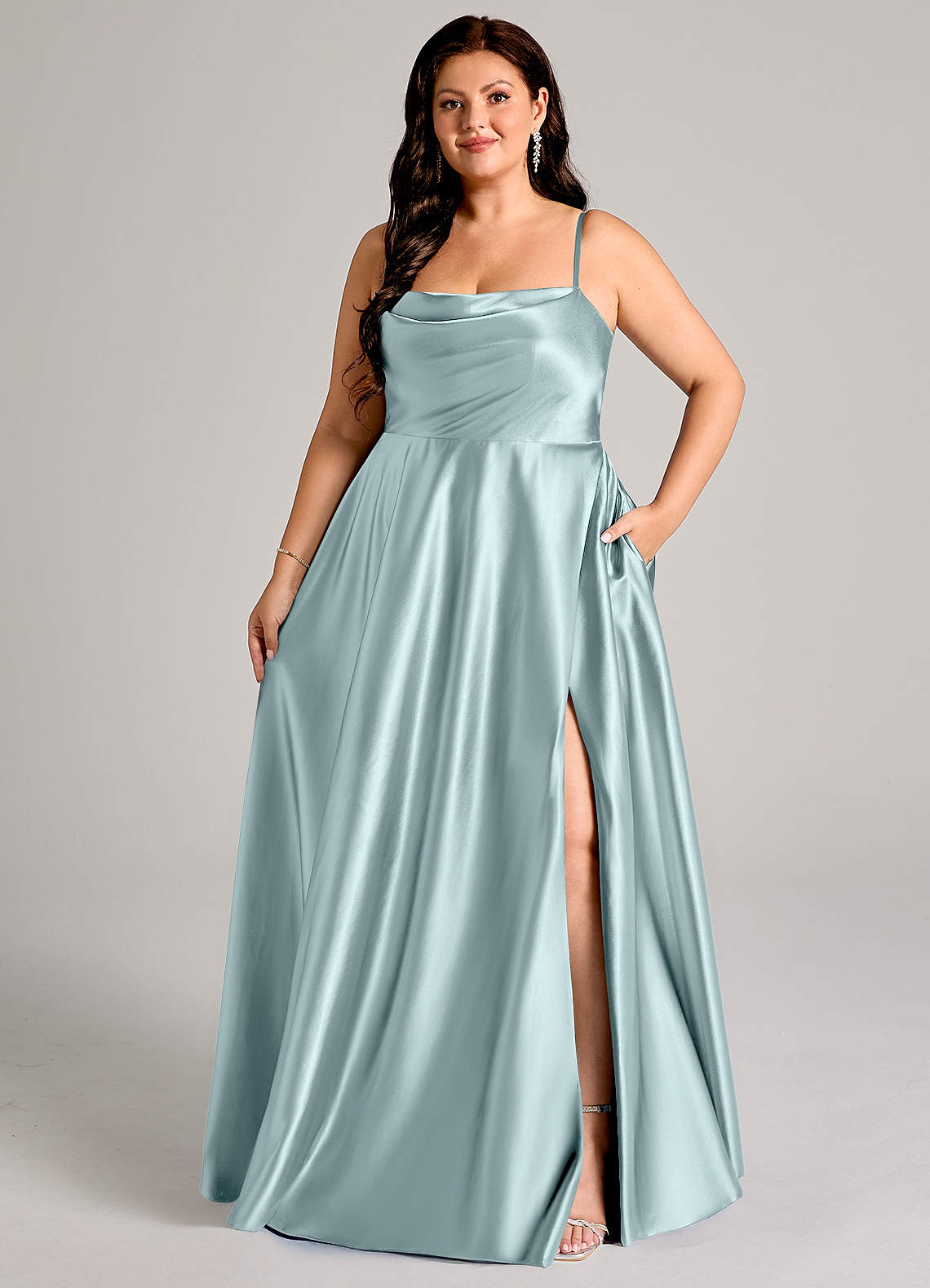 Azazie Elle Bridesmaid Dresses Mist A-Line with Pockets Metallic Satin Dress image1