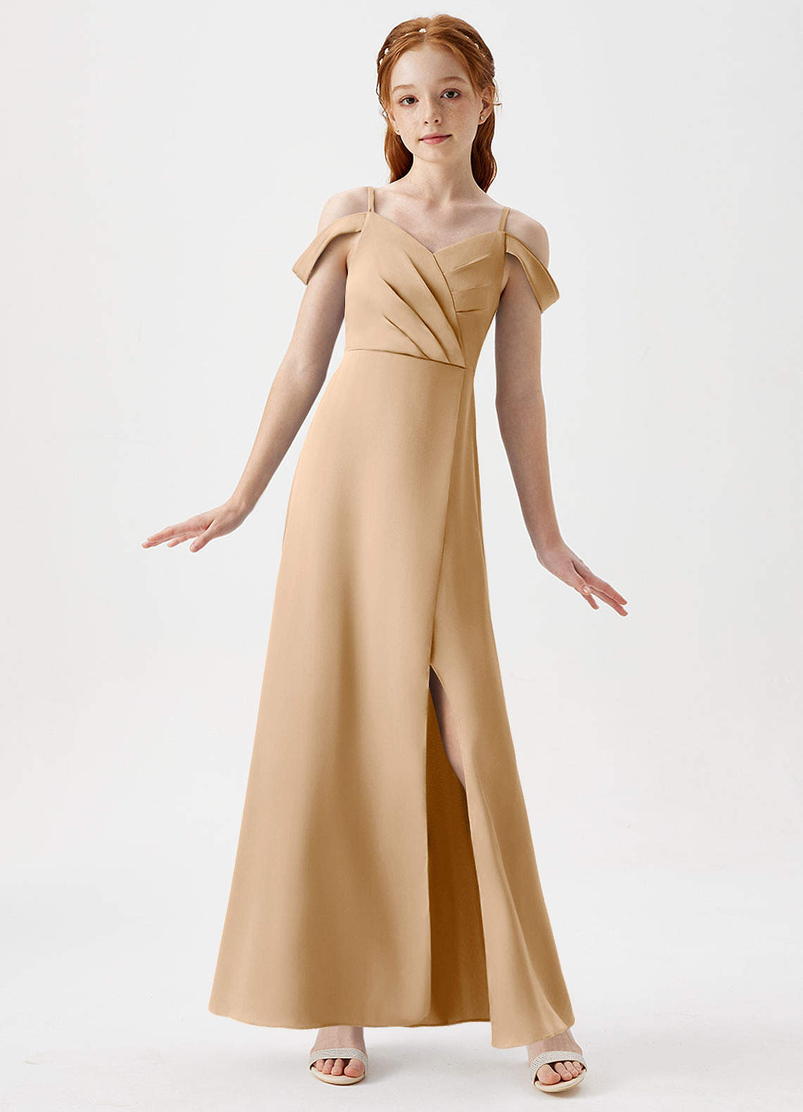 Azazie Ocean Junior Gold A-Line Off the Shoulder Stretch Satin Dress image1