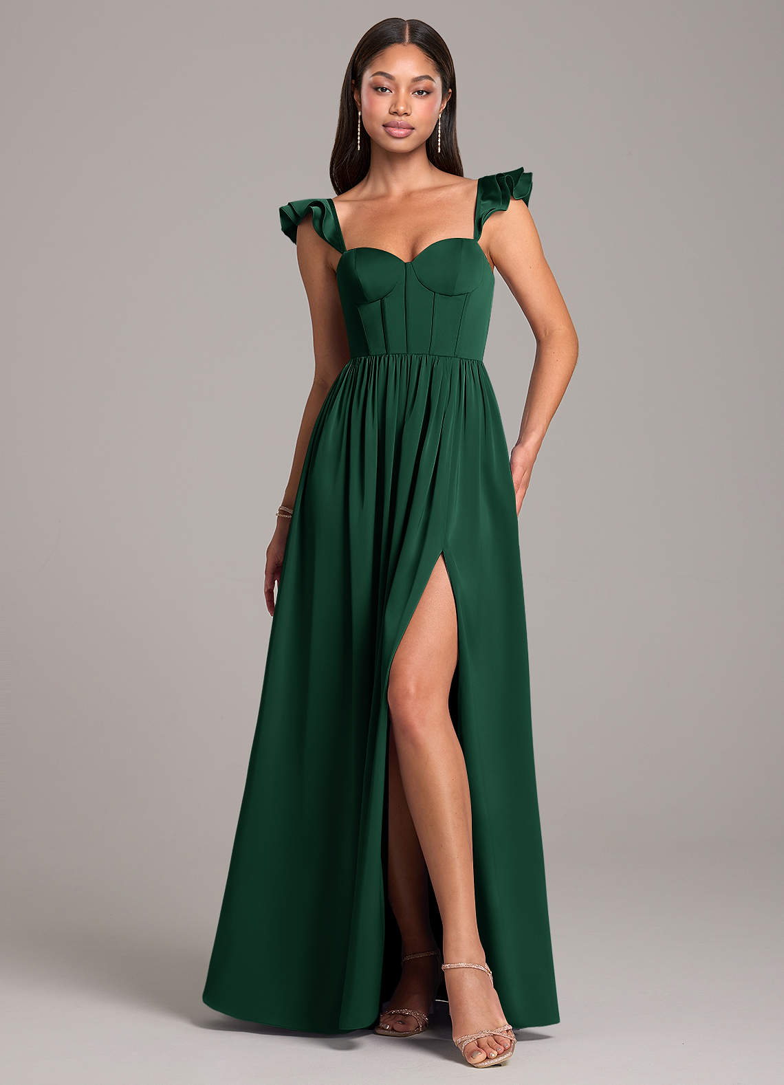Azazie Denisse Bridesmaid Dresses Dark Green A-Line Ruched Stretch Satin Dress image1