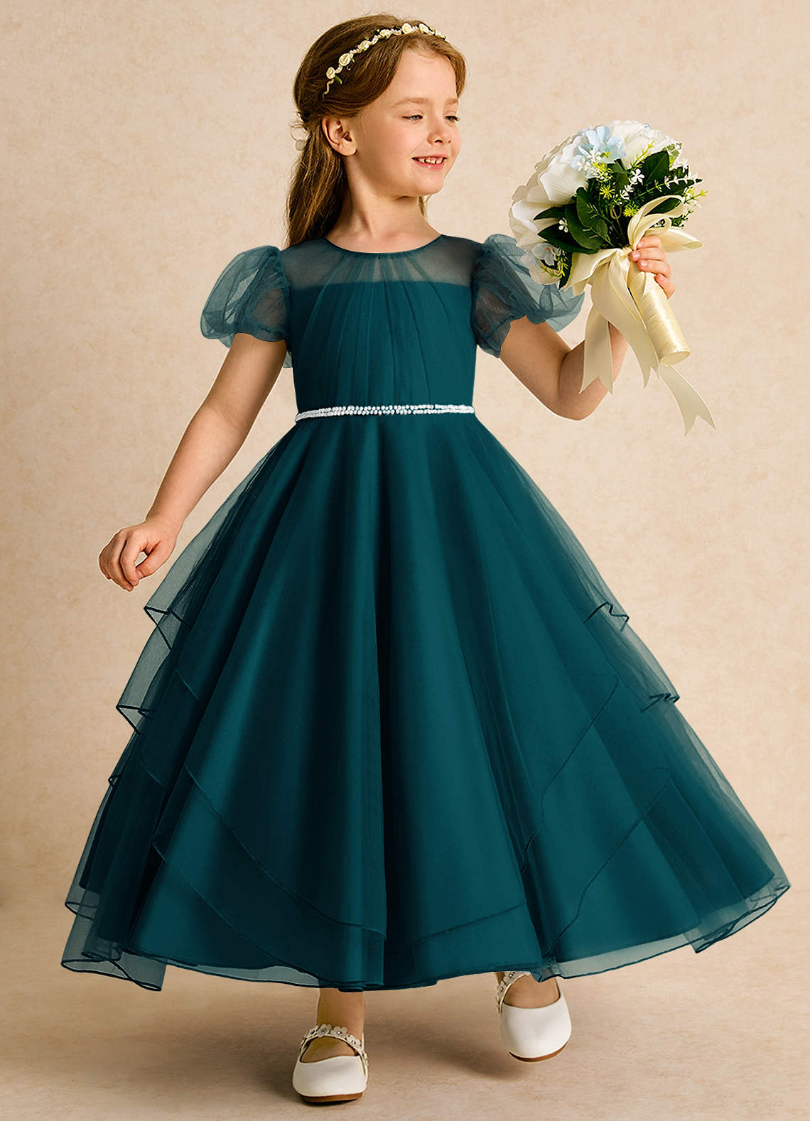 Azazie Duckie Abiti da Ragazza di Fiori Abito Principessa in Tulle Plissettato Pino image1