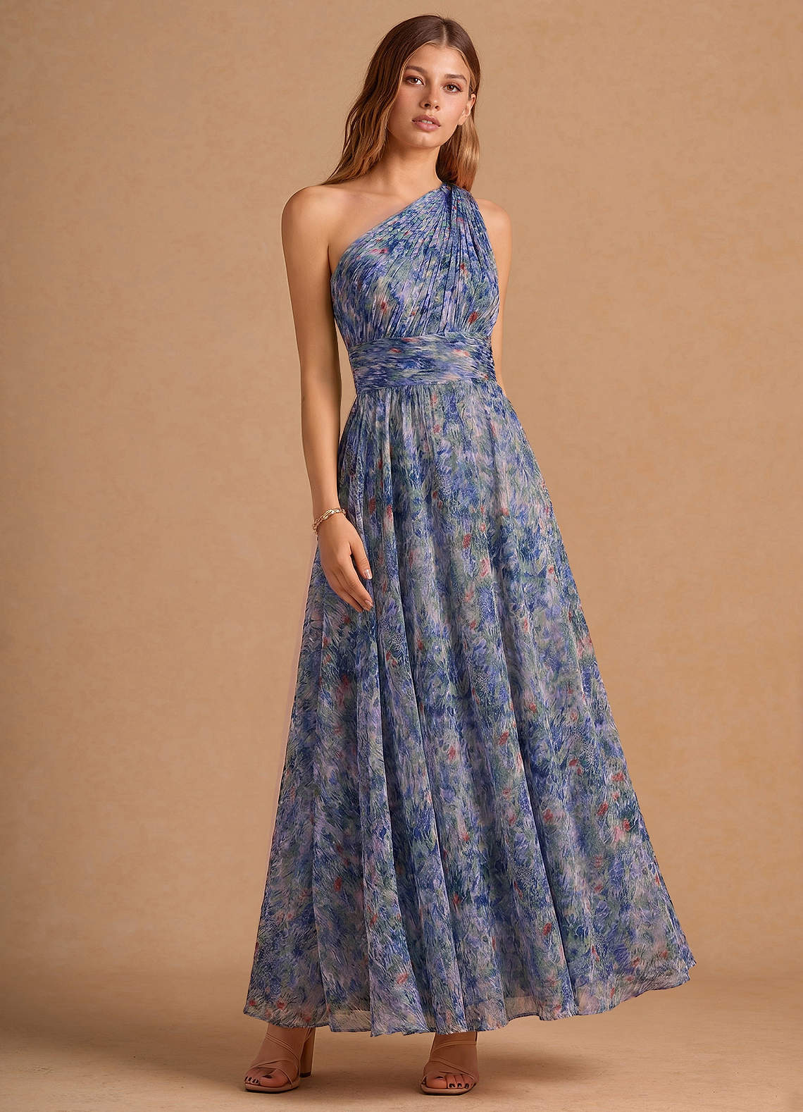lilac formal maxi dress Azazie Plus Size Dresses A-Line Wedding Guest Semi-Formal Dresses One Shoulder Floral lilac dress for wedding guest