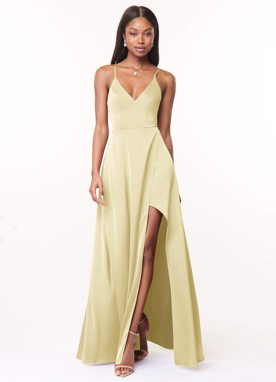 lime green dress satin Lime Green Satin Draped Dress with Silver Embroidery S main image 0